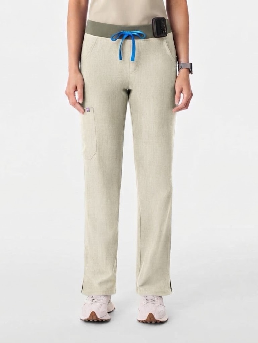 Figs Men's Light Beige Jogger Pants with Olive Waistband and Blue Drawstring